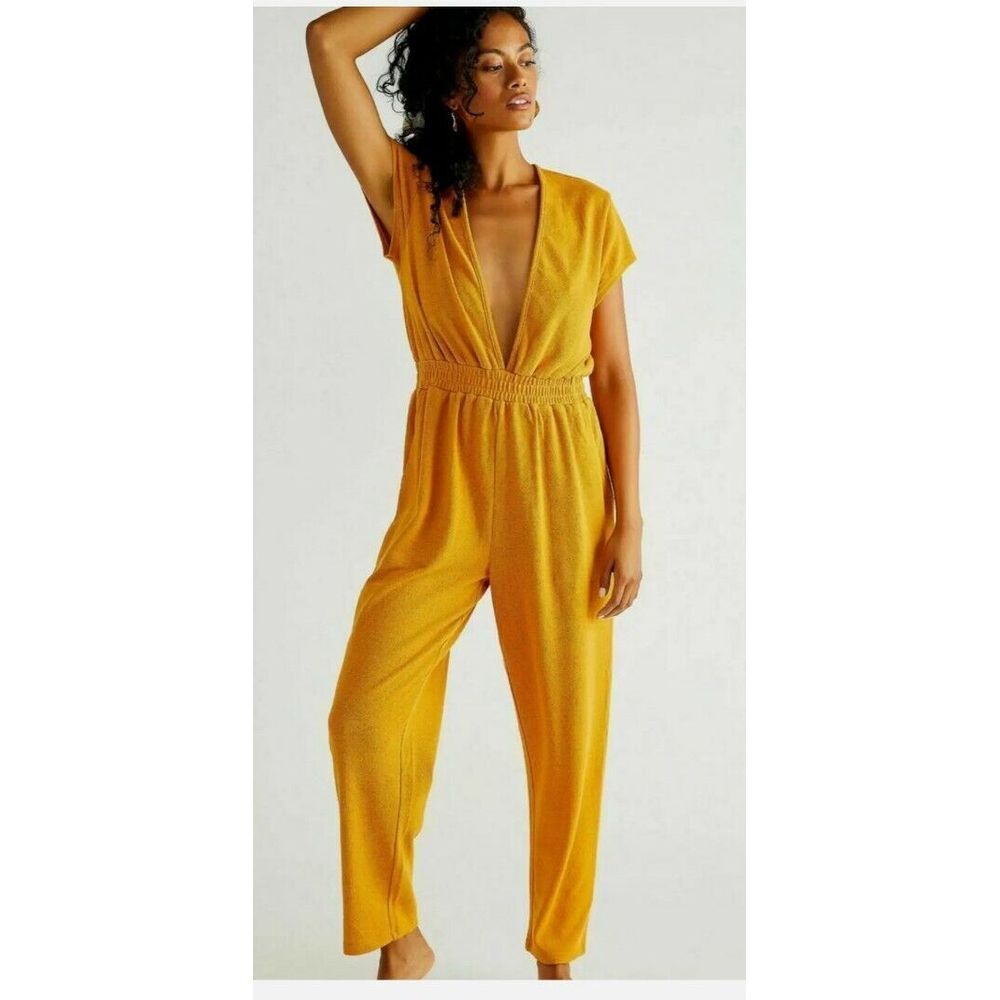 Free People Beach Rita Terry Knit Jumpsuit Size Small Marigold Stretch Textured
